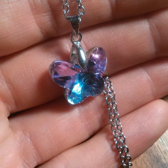 Mystic Color Crystal Brass Butterfly Pendant Stainless Steel Necklace - Picture 12 of 12